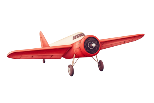 Airplane illustration in red and white, propeller plane, cut out transparent