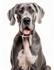Perro de pura raza Gran Danes sentado feliz con la lengua fuera y mirando de frente sobre un fondo blanco