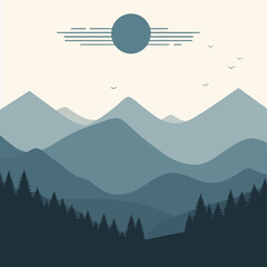 Ilustra&ccedil;&atilde;o de uma paisagem de cordilheira em estilo vetorial plano colorido sobre fundo branco e transparente isolado em formato gr&aacute;fico vetorial clipart.