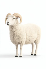 Fototapeta premium A fluffy white ram with large, curved horns stands against a white background