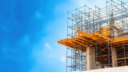 Factory site in early construction phase, blueprint sketch overlay showing beams and scaffolding