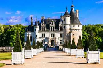 France, Loire valley castles. Elegant Chenonceau chateau . Most beautiful and romantic french...