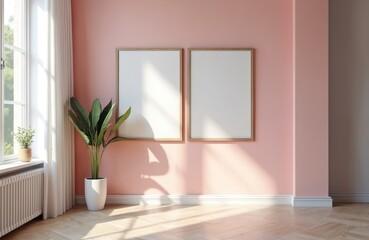 Two wooden frames mockup on pink wall in modern living room. Plant, window, parquet floor. Interior decor with sunlight. Empty frames, template for art.