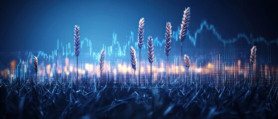 Wheat stalks growing with a financial market data background
