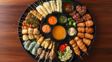 A beautifully arranged platter of assorted Thai appetizers, including satay skewers, spring rolls, and fish cakes, served with dipping sauces for an inviting look.