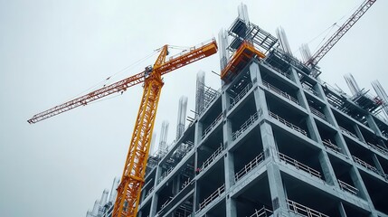 Fototapeta premium Massive steel framework of factory under construction, cranes in motion, building strength theme