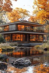 Obraz premium Modern house by water surrounded by colorful fall trees. Serene autumn scene