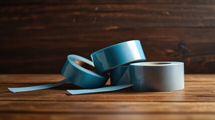 Pile of sticky tape lies on table, background.