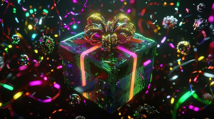 A gift box with a glowing bow surrounded by colorful streamers and spheres, a vibrant and eye - catching visual for promotional events, digital art, and celebration - themed designs.