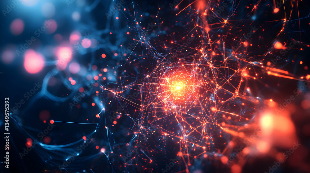 Poster Abstract interconnected network with glowing central node representing complex systems