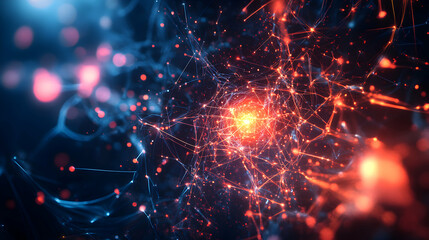 Abstract interconnected network with glowing central node representing complex systems