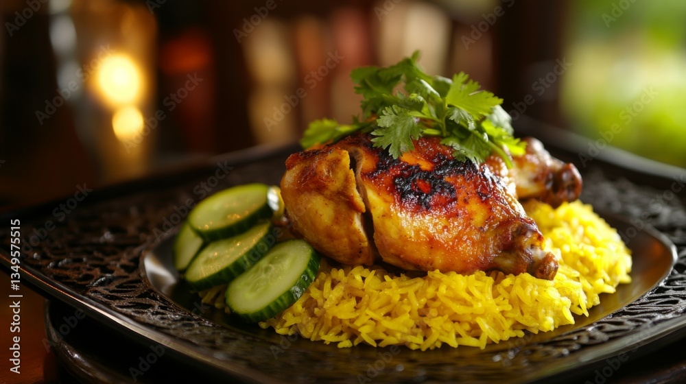Poster a beautifully plated dish of khao mok gai, featuring fragrant yellow rice topped with succulent chic