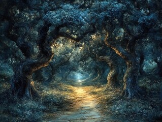 Obraz premium Mystical forest path, trees arching, glowing light in the distance