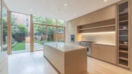 Fototapeta premium A bright and airy minimalist kitchen with a simple island, clean countertops, and open shelving that displays a few elegant kitchen essentials in a neat arrangement.
