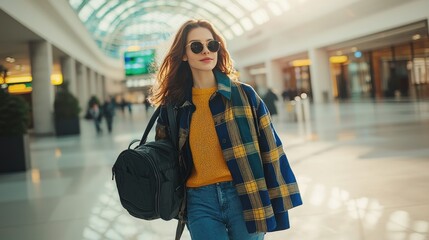 Stylish woman walking in airport terminal with luggage