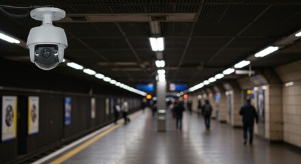 Subway security camera monitors commuter movement through urban underground transport hub for crime detection and public safety use