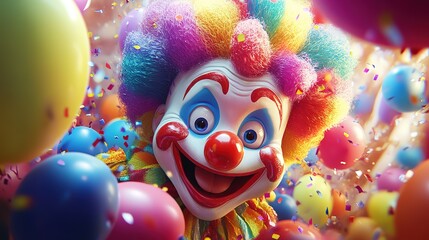 A clown with colorful hair surrounded by balloons and confetti, an exciting and festive image great for party invitations, circus - themed designs, and children's entertainment projects.