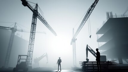 Industrial construction site with factory blueprint, cranes and heavy machinery, future vision theme