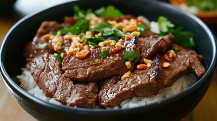 A close-up of a bowl of beef rice, featuring marinated beef stir-fried to perfection, served with fresh greens and a sprinkle of crushed peanuts for texture.