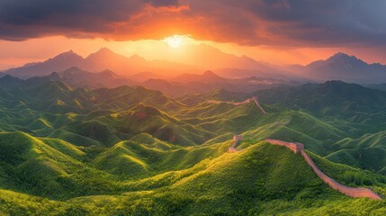Majestic sunset over the Great Wall, winding through lush green hills