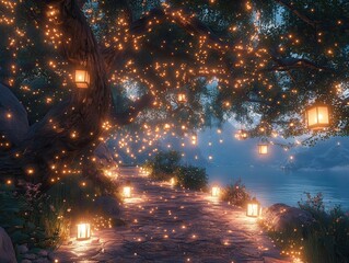 Naklejka premium Path lit by lanterns. Twinkling lights in trees. Serene atmosphere