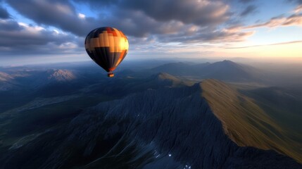 Obraz premium Hot air balloon above majestic mountains at sunrise
