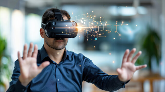 person wearing virtual reality headset interacts with digital interface, surrounded by abstract geometric shapes and glowing connections, suggesting advanced technology use