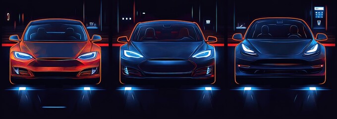 Three cars with lighting and shadow effects in front - view, suitable for automotive advertising, car design showcases, and digital artworks related to vehicles.