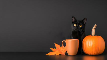 Black cat, pumpkin, autumn leaf, and warm drink on dark background