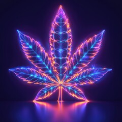 Futuristic Neon Cannabis Leaf Illustration with Reflective Surface