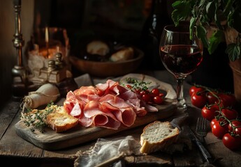 Delicious Charcuterie Board with Cured Meats, Fresh Tomatoes, Bread, Wine Glass, and Herbs on Wooden Table in Warm Lighting for Culinary Inspiration