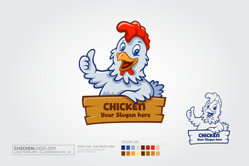 Chicken Vector Logo Mascot. A funny Cartoon Rooster chicken giving a thumbs up. Vector logo illustration.