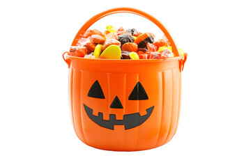 Halloween trick or treat bucket overflowing with assorted candies