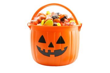 Halloween trick or treat bucket overflowing with assorted candies