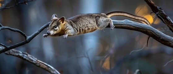Wildlife action shot of Northern Brushtail Possum leaping between branch frozen mid air using high speed photography fast shutter dynamic pose showcase agility set against softly blurred moonlit