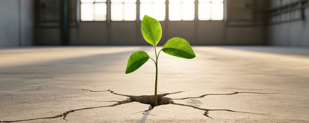 A small green plant emerges from a crack in a concrete floor, symbolizing resilience and hope amidst a barren environment.