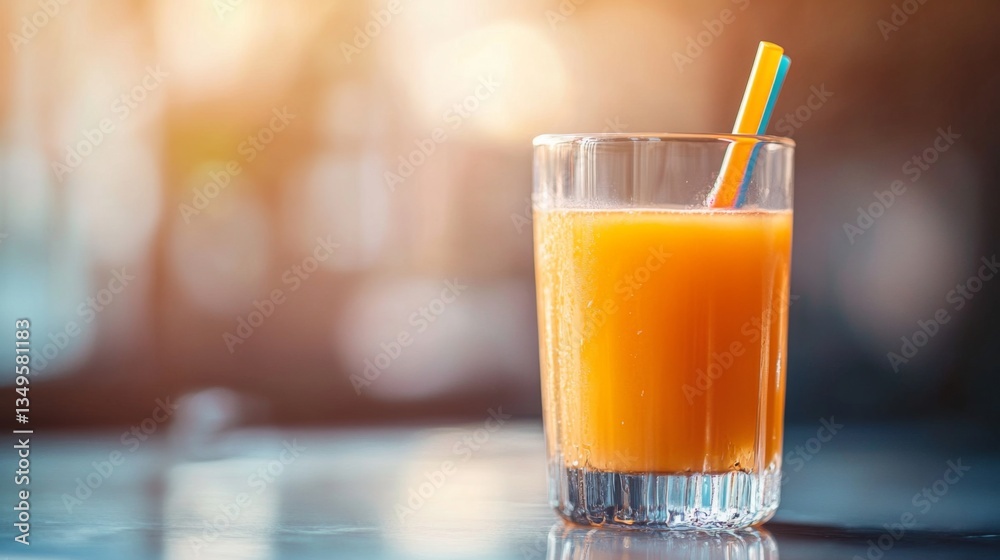 Poster a close-up of a glass of orange juice with a colorful straw, placed on a sunlit table, highlighting 