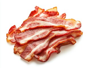 Obraz premium Delicious crispy bacon slices arranged neatly on a white background showcasing their smoky flavor and perfect texture for culinary use and food photography