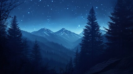 Majestic Pine Trees Near Valley in Mountain at Night
