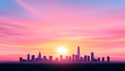 Fototapeta premium City skyline silhouetted against a vibrant sunrise/sunset sky