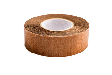 Roll of brown kinesiology tape close-up, therapeutic material, cut out transparent