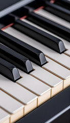 Close-up of polished piano keys, black and white, detailed texture