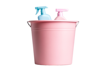 Pink bucket with cleaning supplies, cutout transparent