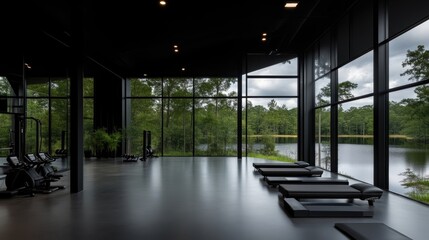 Fototapeta premium Modern Fitness Center with Lake Views. Spacious, contemporary gym with large windows showcasing a tranquil lake and lush greenery. 