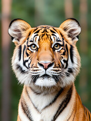 Obraz premium Close-up portrait of a majestic tiger, staring intensely into the camera, set against a blurred forest backdrop