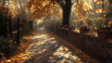 Autumn path, sunlight through trees, fall leaves, peaceful