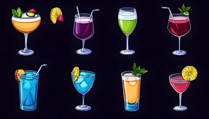 Colorful cartoon illustration of various cocktails and mixed drinks
