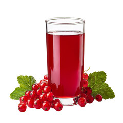 Ruby Red Refreshment: A tall glass of vibrant, freshly squeezed red currant juice, encircled by a cluster of ripe red currants, suggesting a taste of summer and refreshment.