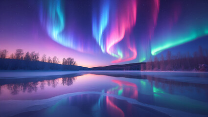 Fototapeta premium Glowing Aurora Borealis Over a Frozen Lake at Twilight – A Magical Winter Scene