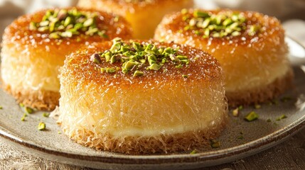 Decadent kanafeh pastries adorned with pistachios on a textured grey plate